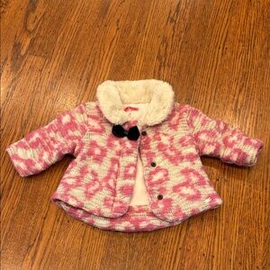 IKKS Girls’ Pink Wool Tweed Jacket – Faux Fur Collar, 6 Months, Chic Baby Vibes